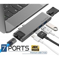 [해외] USB C Hub, Best 7-in-1 Dual Type-C Docking Station Adapter for MacBook Pro 2016/2017/2018 13 15 Air 18: Gigabit Ethernet, Power Delivery, Thunderbolt 3, 4K HDMI, MicroSD/SD Card Re